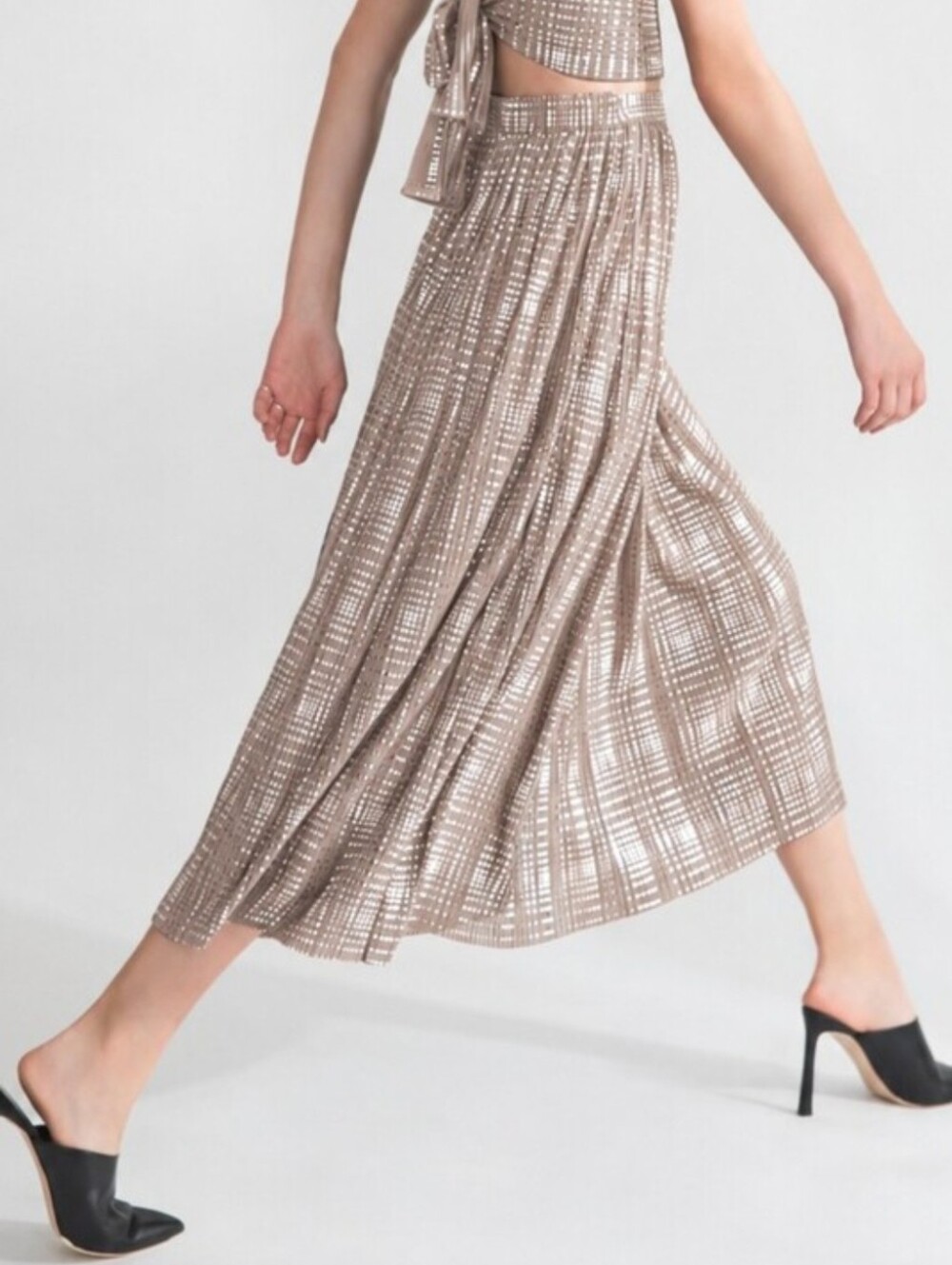 Sabina Musayev Brooklyn Pleated Midi Skirt Metallic Champagne Beige Sz 6 Retro